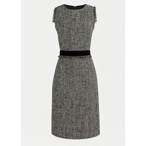 J. Crew Tweed Sheath Dress Metallic Sparkle Black Gray Size 6 Velvet Fringe Trim